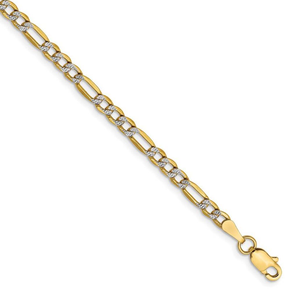 3.25mm 14k Gold & Rhodium Hollow Pave Figaro Chain Bracelet, 7 Inch